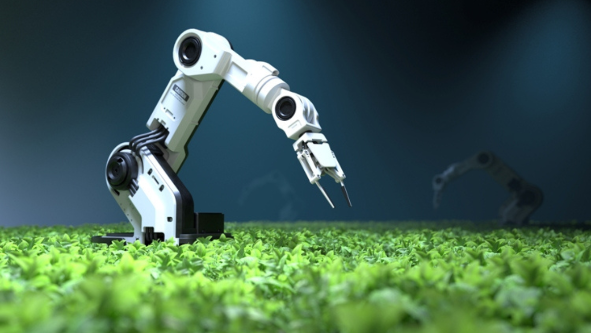 Robotic arm scanning crops with AI sensors in a modern agricultural field