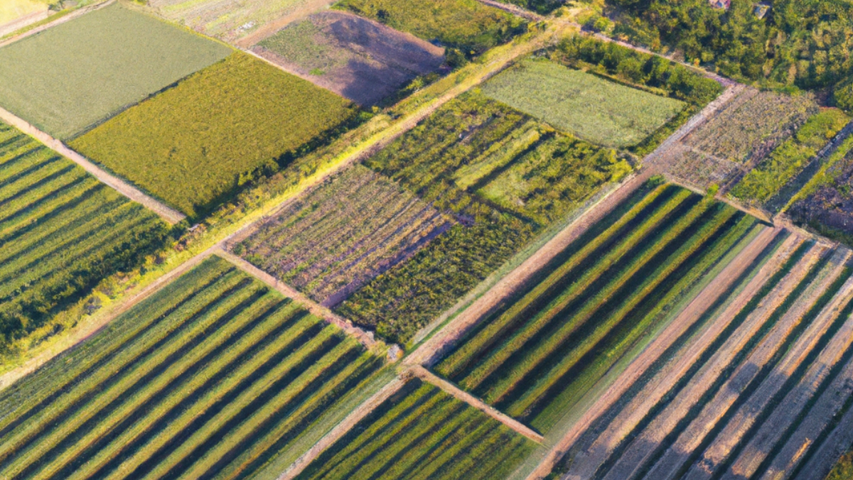 Aerial view of farmland with colorful crop rows arranged in grid patterns