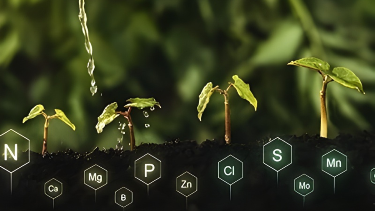 Green seedlings with nutrient symbols in soil showing regenerative agriculture concepts.