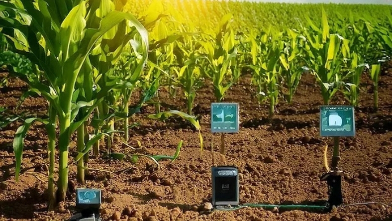 Soil sensors collecting data in a regenerative corn field