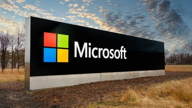 Microsoft logo displayed outside a corporate campus building